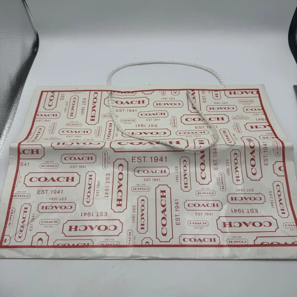 Coach Logo Print Paper Shopping Bag White Red Design Durable Handles Vintage